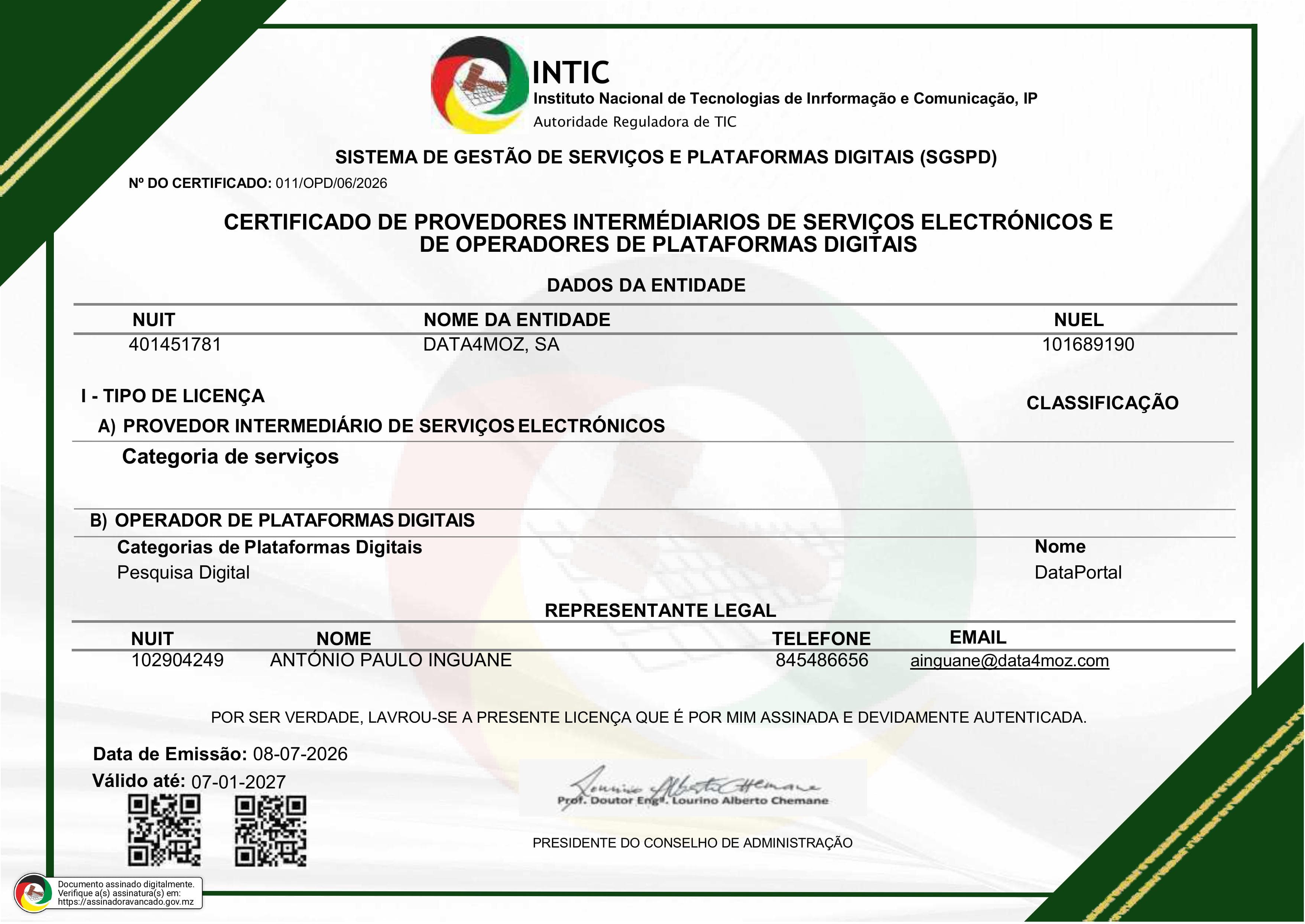 Certificado do INTIC nº 011/OPD/06/2026, Data4MOZ, SA